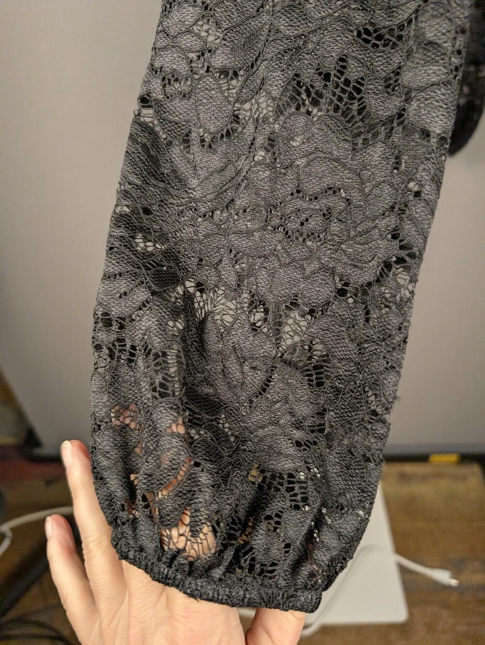 Black Cable Knit Crochet Openwork Cardigan Sweater Large A363